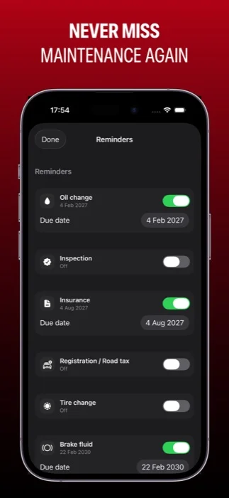 Lista de reminder-e de mentenanță din My Mustang