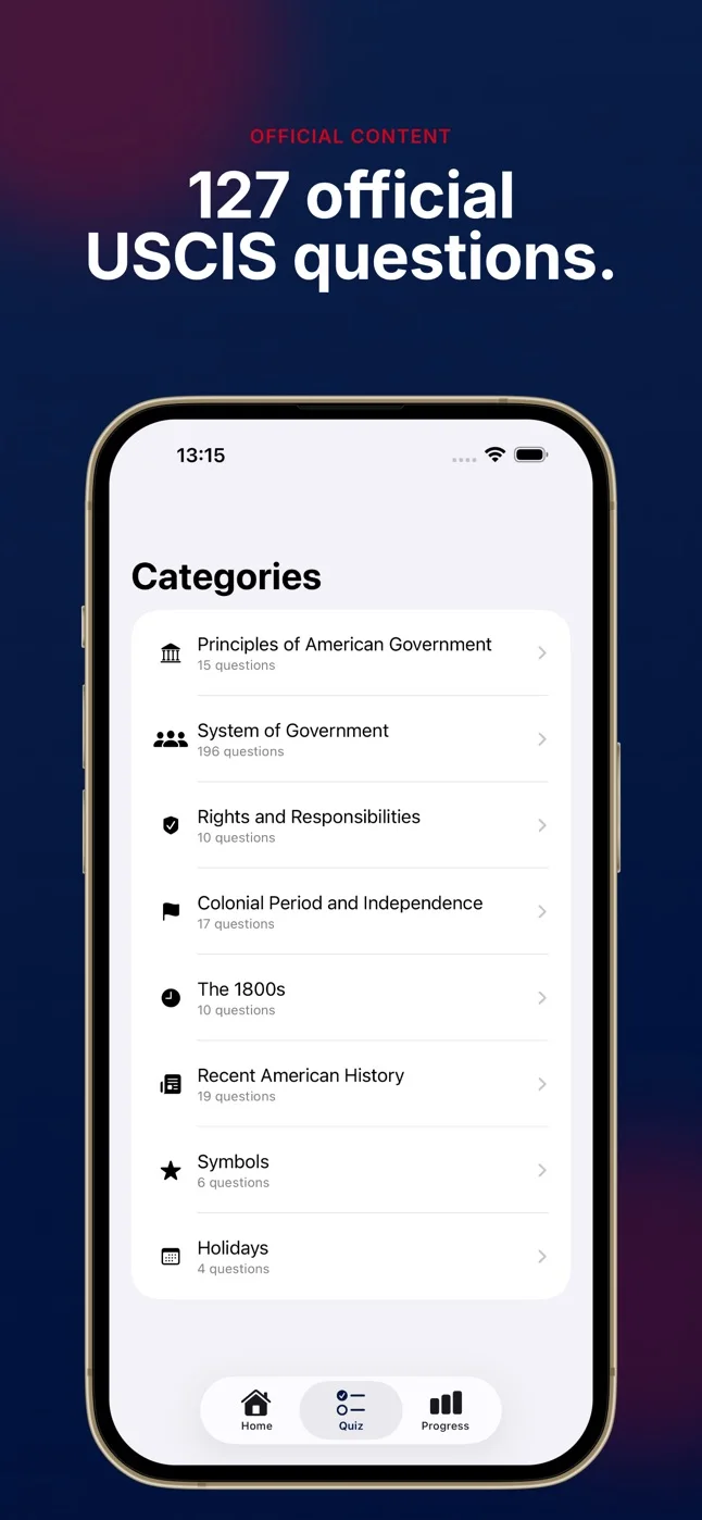 Civio: Become American, 127 official USCIS questions, on iPhone